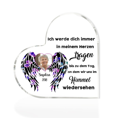 Personalisierter Name & Foto & Jahr Acryl-Deko-Ich werde dich immer in meinem Herzen tragen-Trauer Schreibtischdekoration