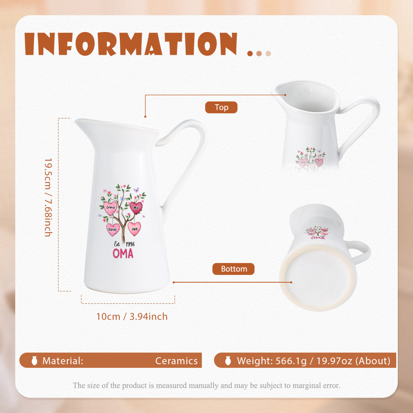 Personalisierte 4 Namen & Datum & Text Herz Familienbaum Gießvase mit Henkel Familie Vase