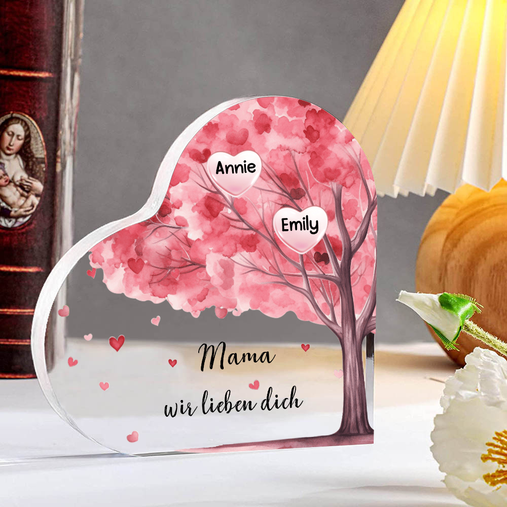Personalisierte 2 Namen & Text Rosa Familienbaum Familie Acryl-Deko Schreibtischdekoration für Mutter