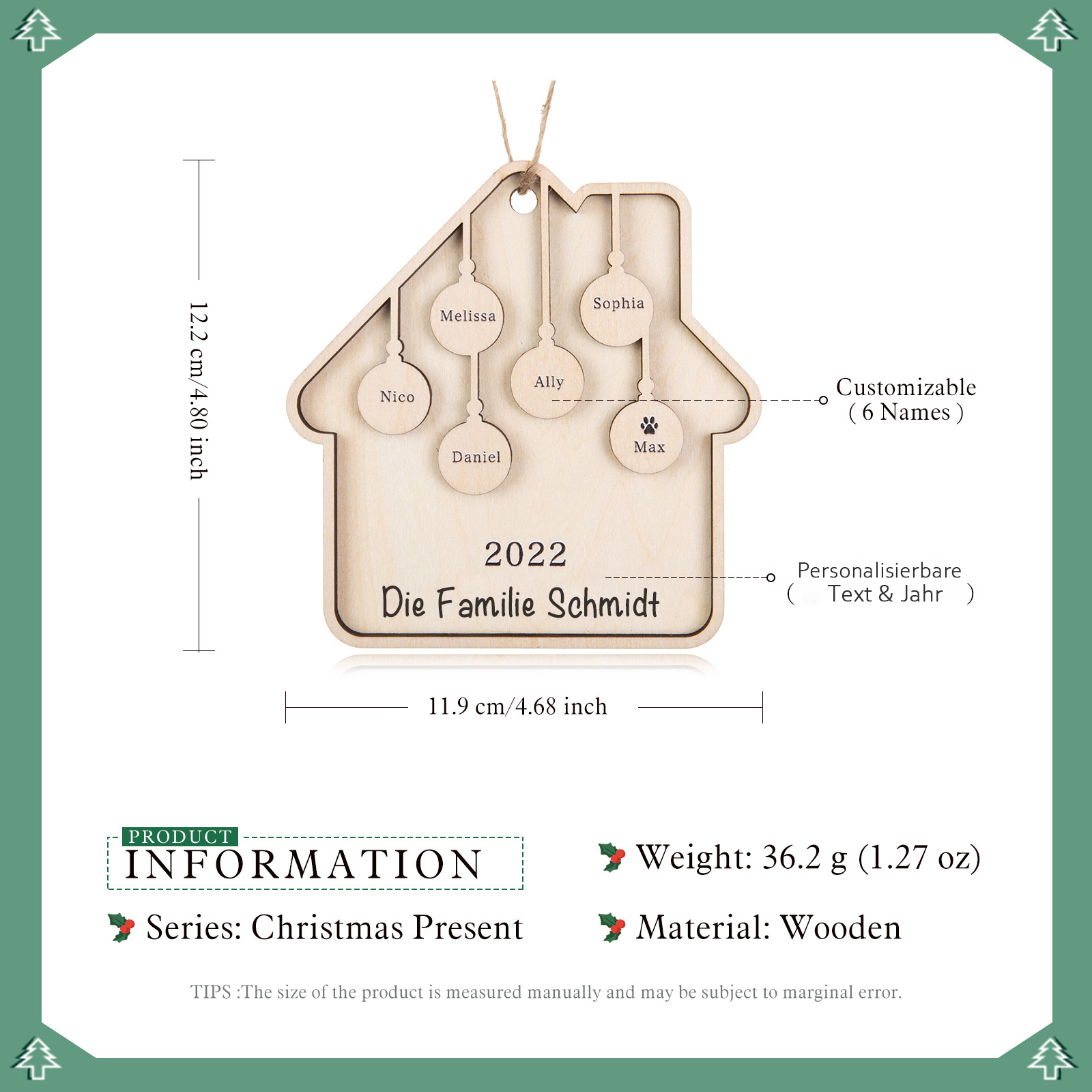 Holz Weihnachtsornament-Personalisiertes 6 Namen Text Jahr Haus Ornament Anhänger 