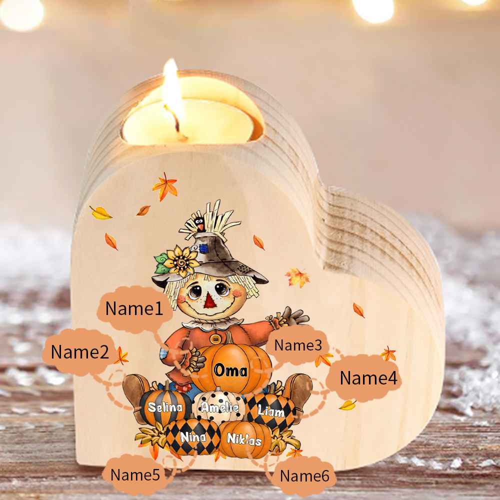 Personalisierter 6 Namen Vogelscheuche Familie Herzform Kerzenhalter für Großmutter