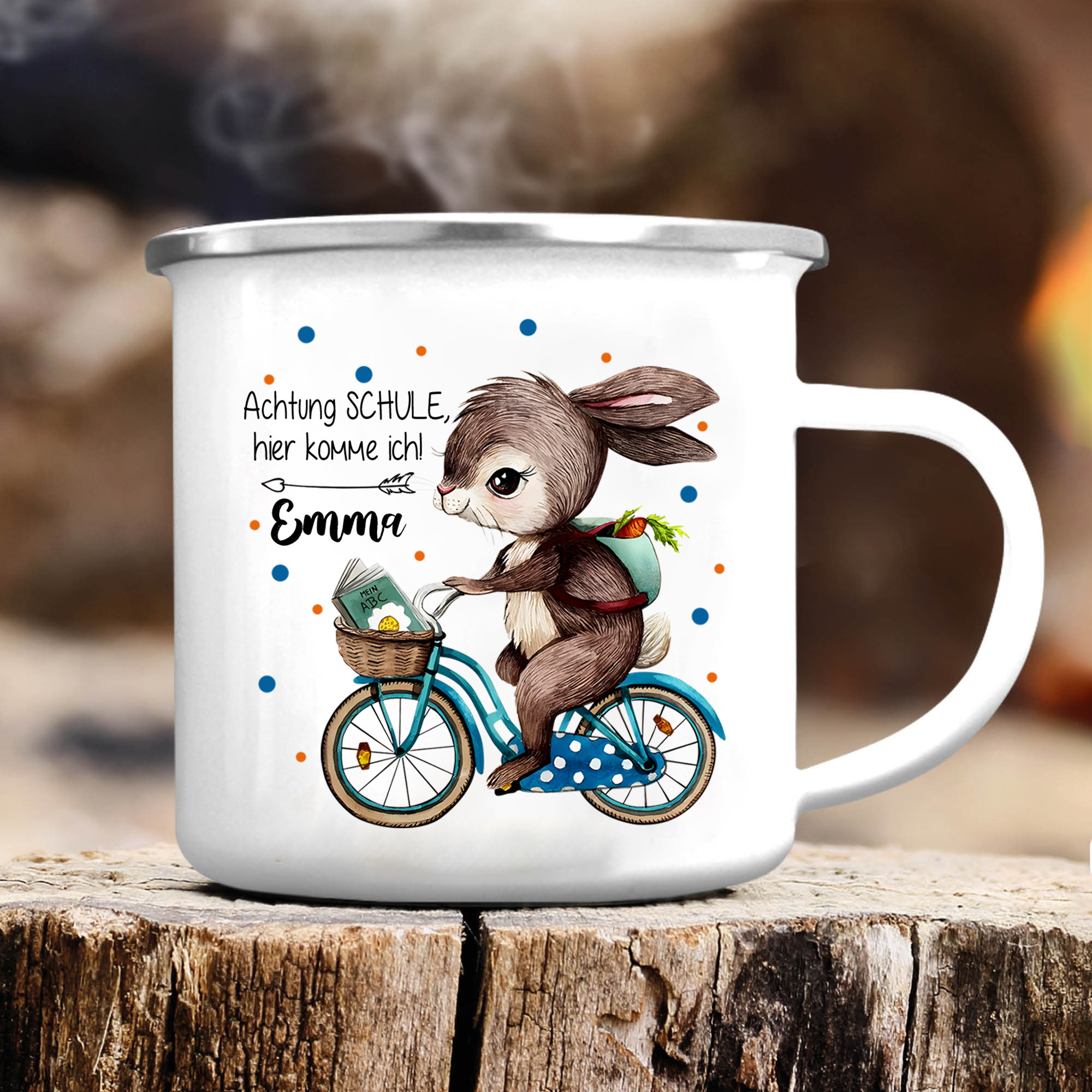 Emaille Tasse-Personalisierter Name Hase Emaille Becher Achtung Schule hier komme ich Schukind Geschenk zum Schulanfang