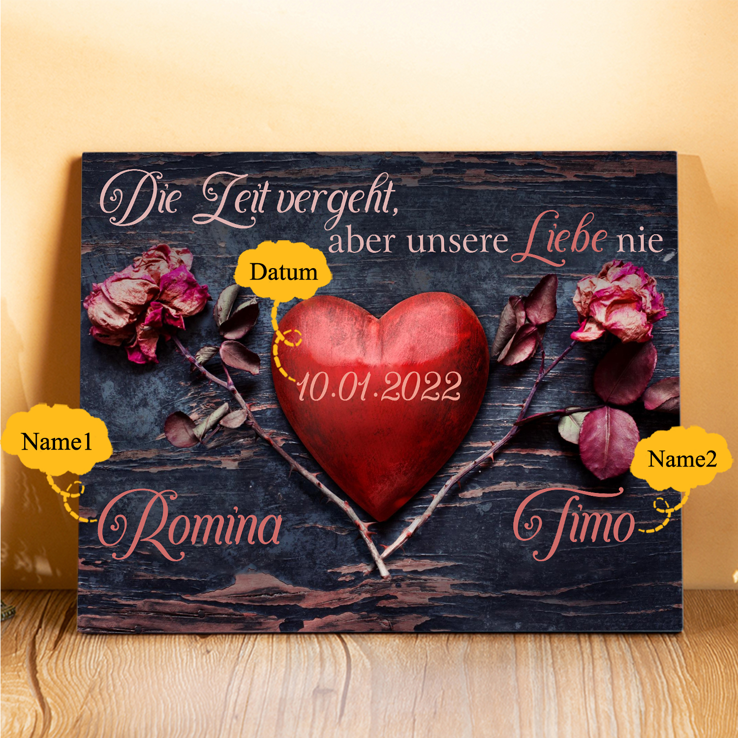 Pärchen Holzbild-Personalisierter 2 Namen & Datum-Die Leit vergeht, aber unsere Liebe nie-Holzdekoration-für Paare