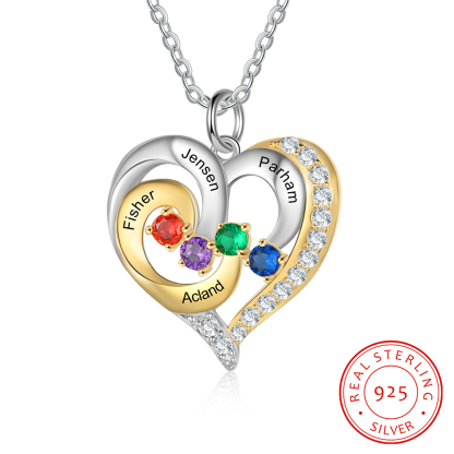 S925 Silber Gravur 4 Namen Herz Halskette mit 4 Geburtssteinen