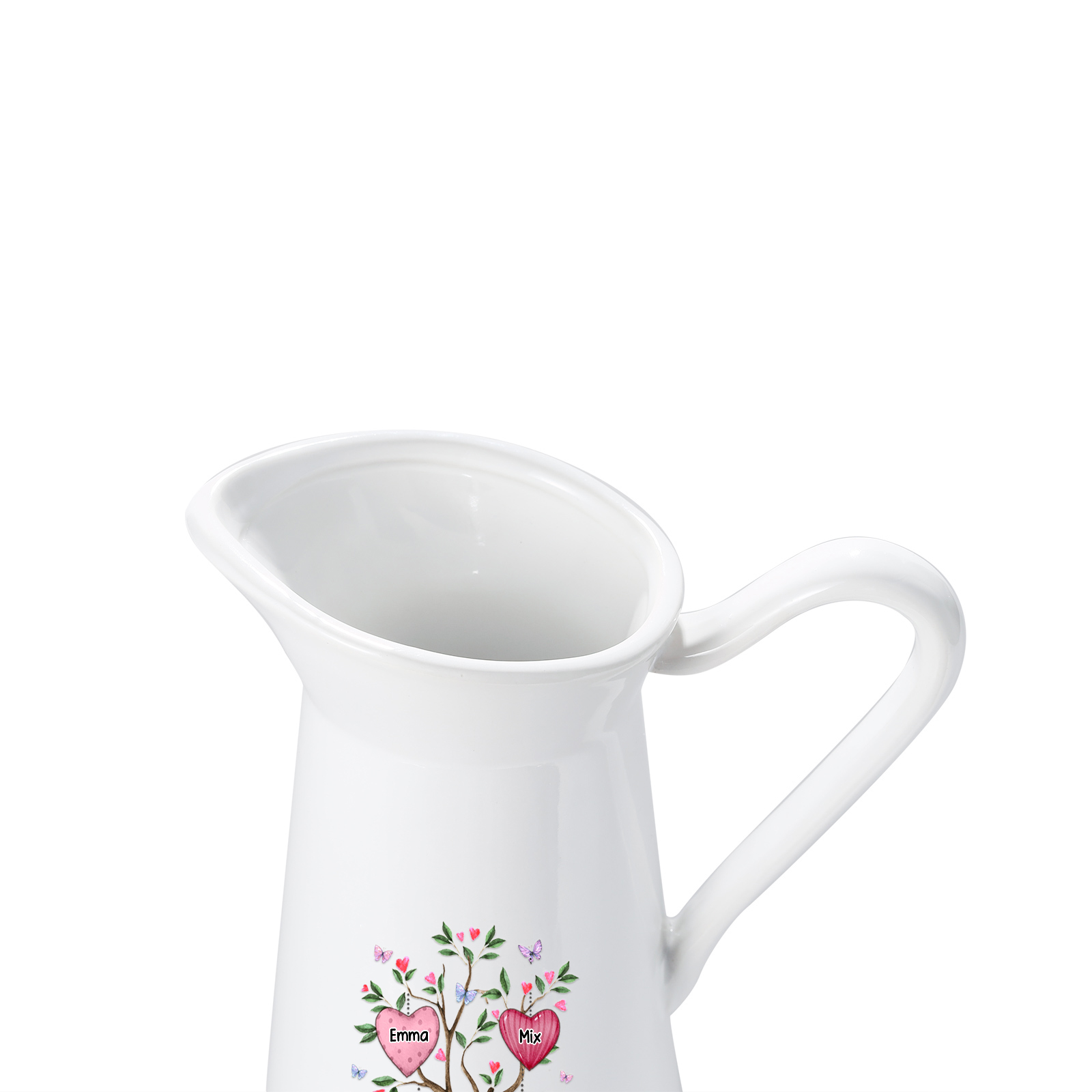 Personalisierte 4 Namen & Datum & Text Herz Familienbaum Gießvase mit Henkel Familie Vase