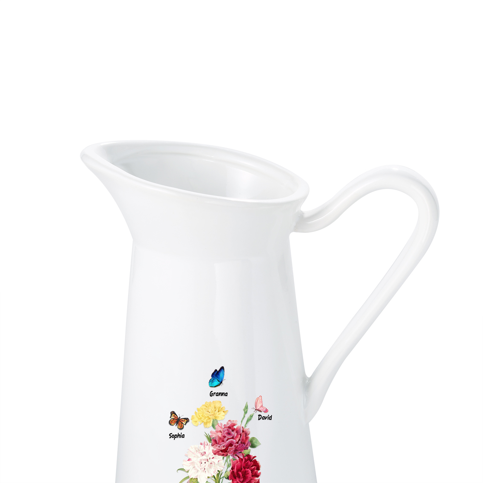 Personalisierte 3 Namen & Text Blumen & Schmetterling Gießvase mit Henkel Familie Vase