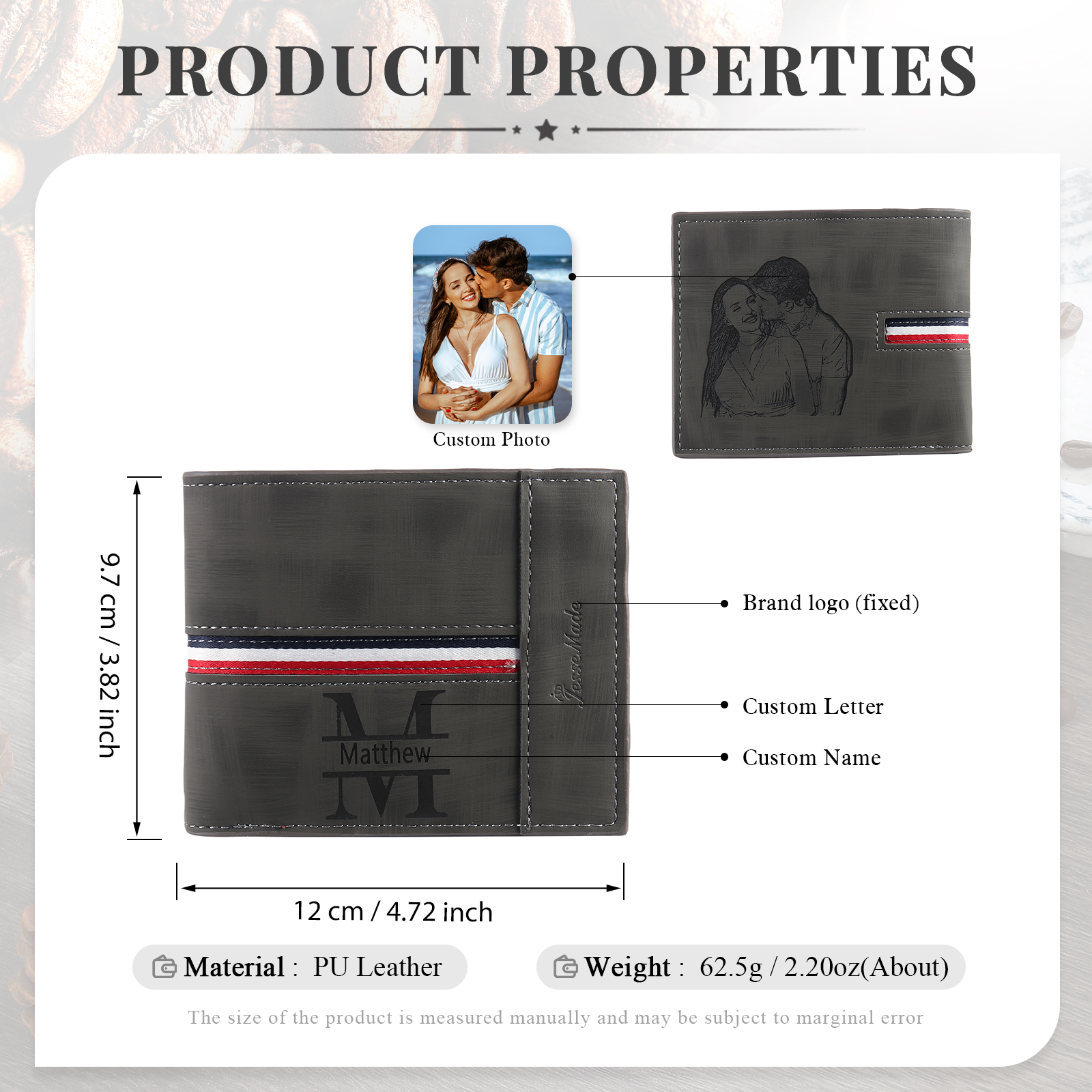 Personalisierte Foto & Name & 1 Buchstabe PU Leder Geldbörse