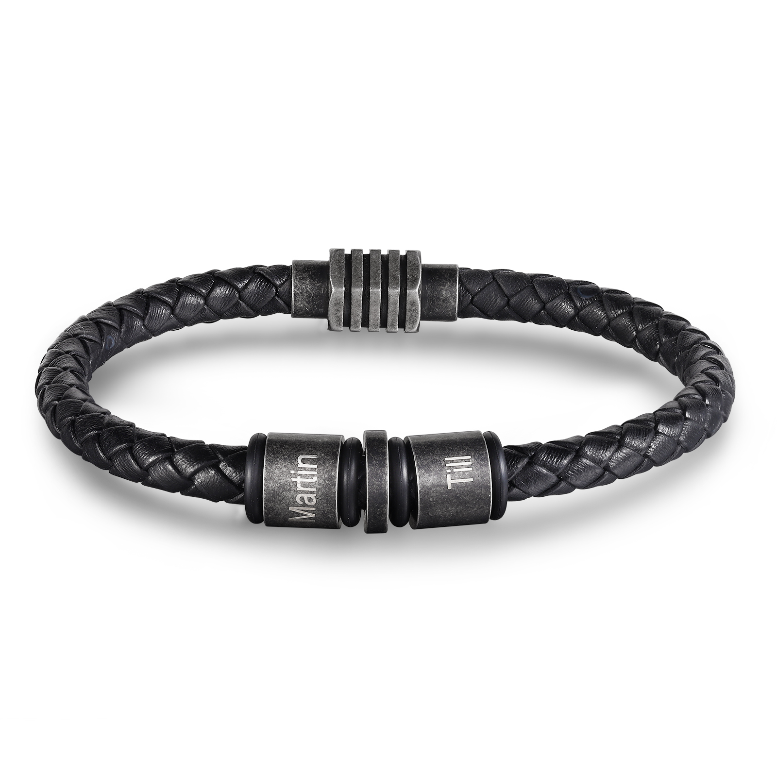 Herren Personalisierte 2 Namen Einlagiges Geflochtenes Vintage Edelstahl Perle Armband mit Magnetisch Armbandschließe