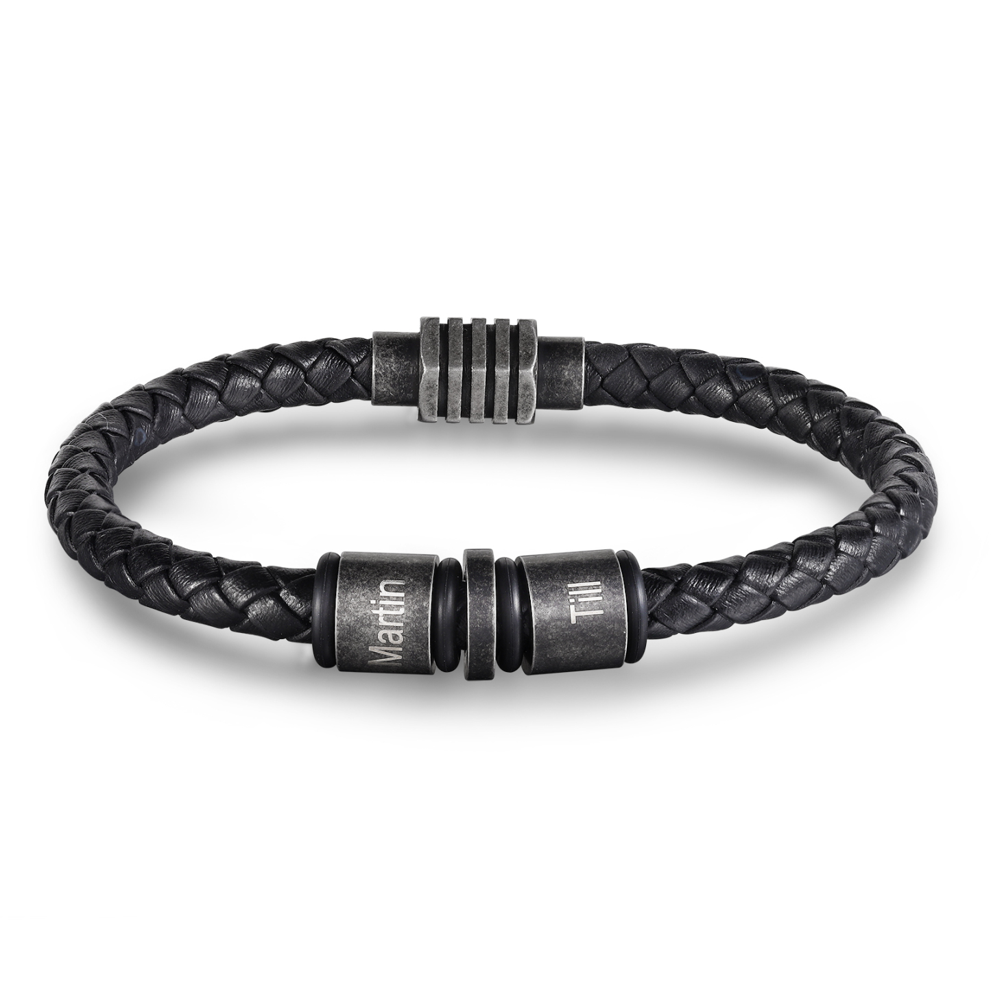 Herren Personalisierte 2 Namen Einlagiges Geflochtenes Vintage Edelstahl Perle Armband mit Magnetisch Armbandschließe