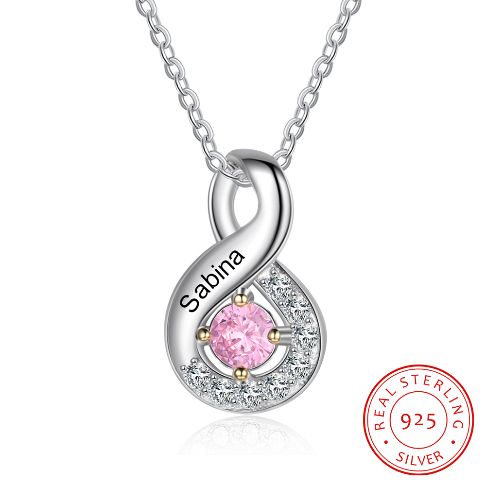 S925 Silber Gravur 1 Name Infinity Halskette mit 1 Geburtsstein
