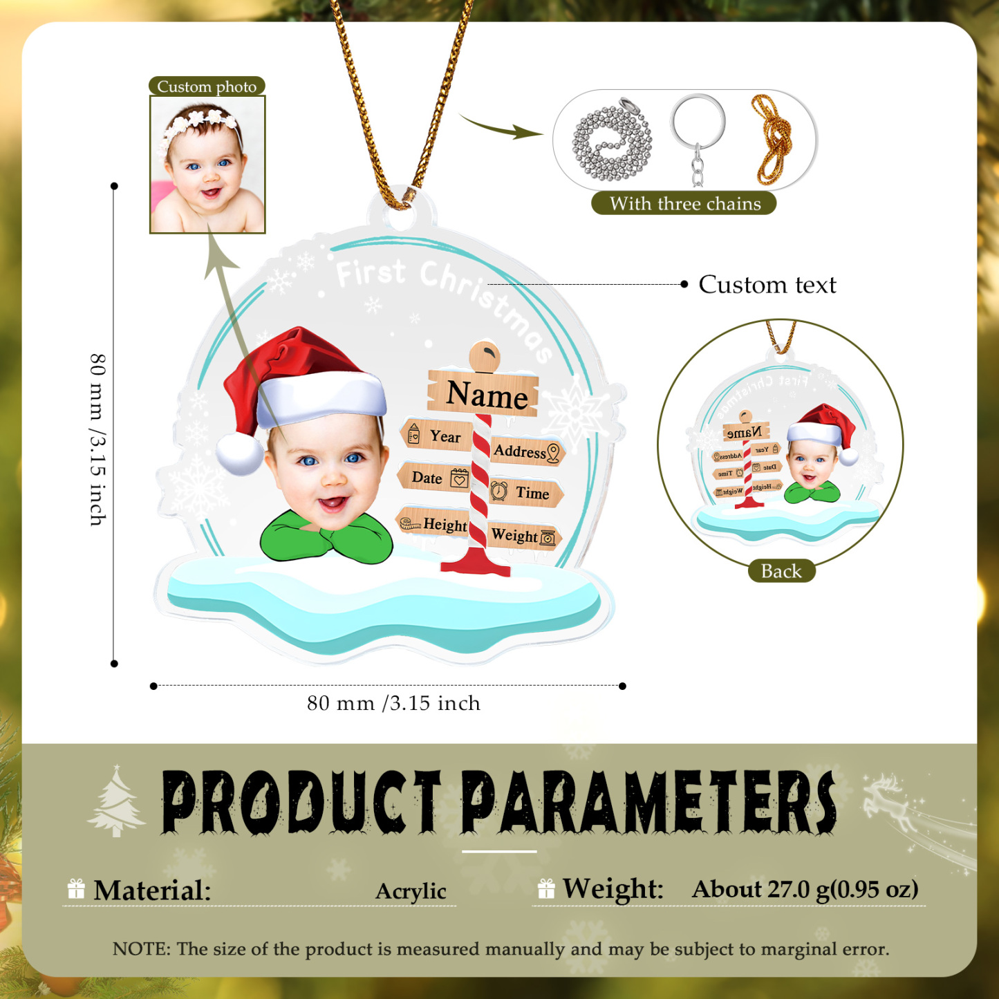 Acryl Weihnachtsornament-Personalisierter 1 Name & Foto & Baby persönlichen Geburtsdetails Acryl-Weihnachtsanhänger