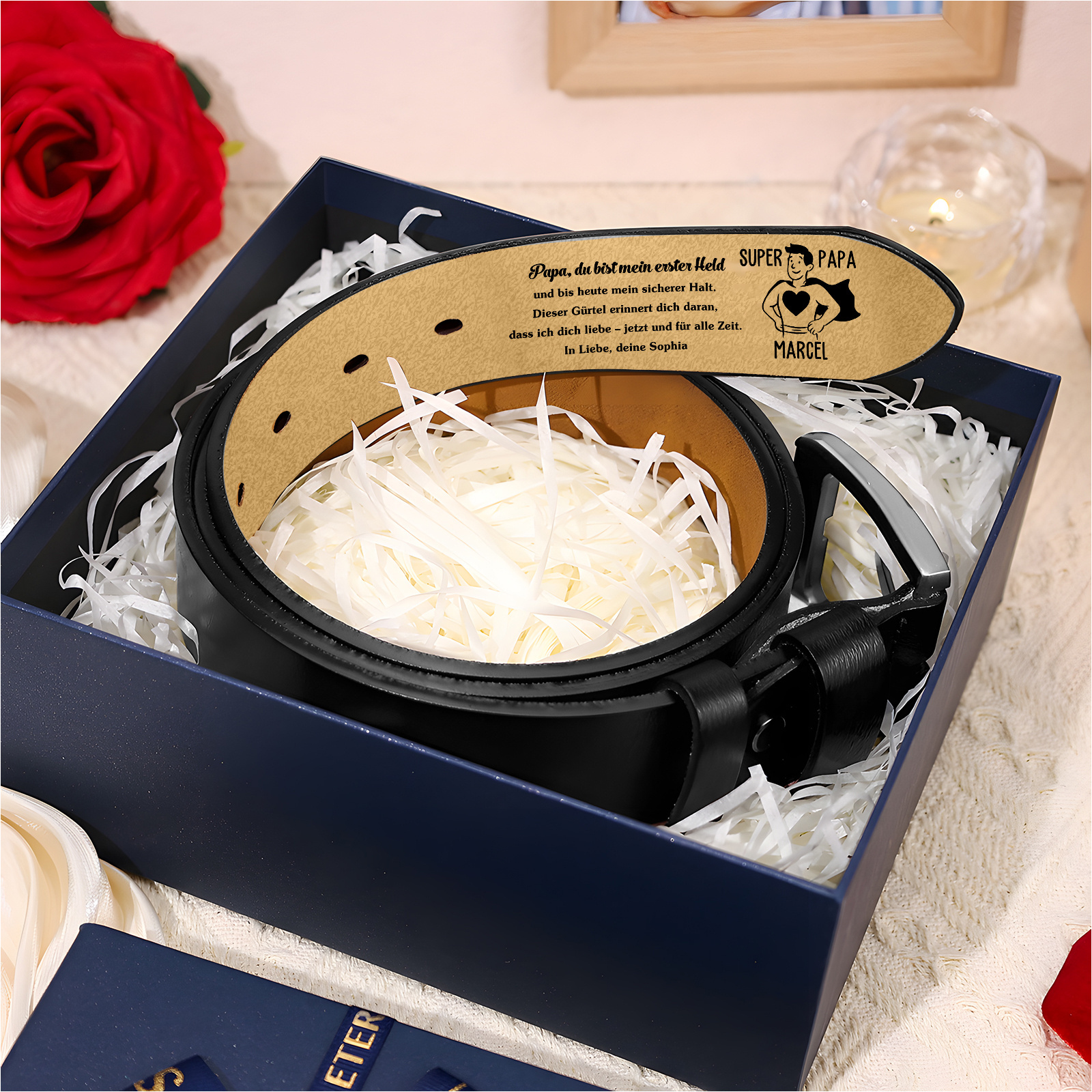 Personalisierter Ledergürtel mit Gravur Super Papa und Namen Herren Gürtel Geschenk zum Vatertag