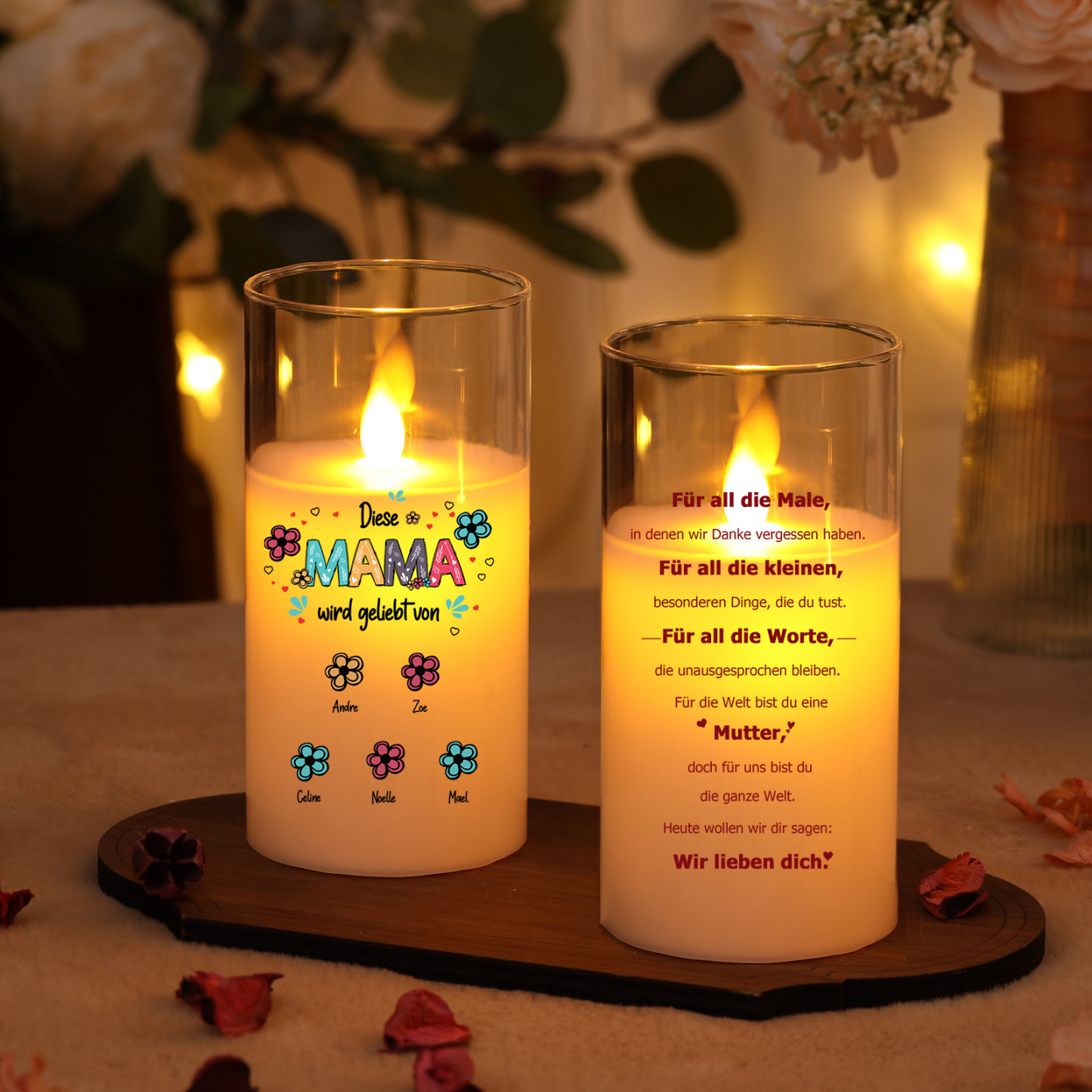 Personalisierte LED-Glas-Kerze als Geschenk für Mama mit individuellen Vornamen, warme Wohnungsdekoration, ideal zum Muttertag, Geburtstag oder zu Weihnachten, um deine Mama zu würdigen | Kettenmachen