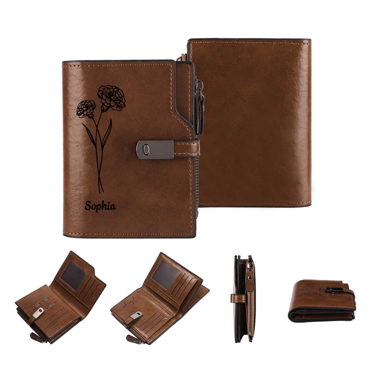 Monogramm-Geldbörse aus PU-Leder mit Name-Blume-Gravur für Damen