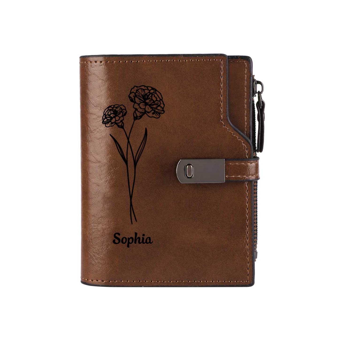 Monogramm-Geldbörse aus PU-Leder mit Name-Blume-Gravur für Damen