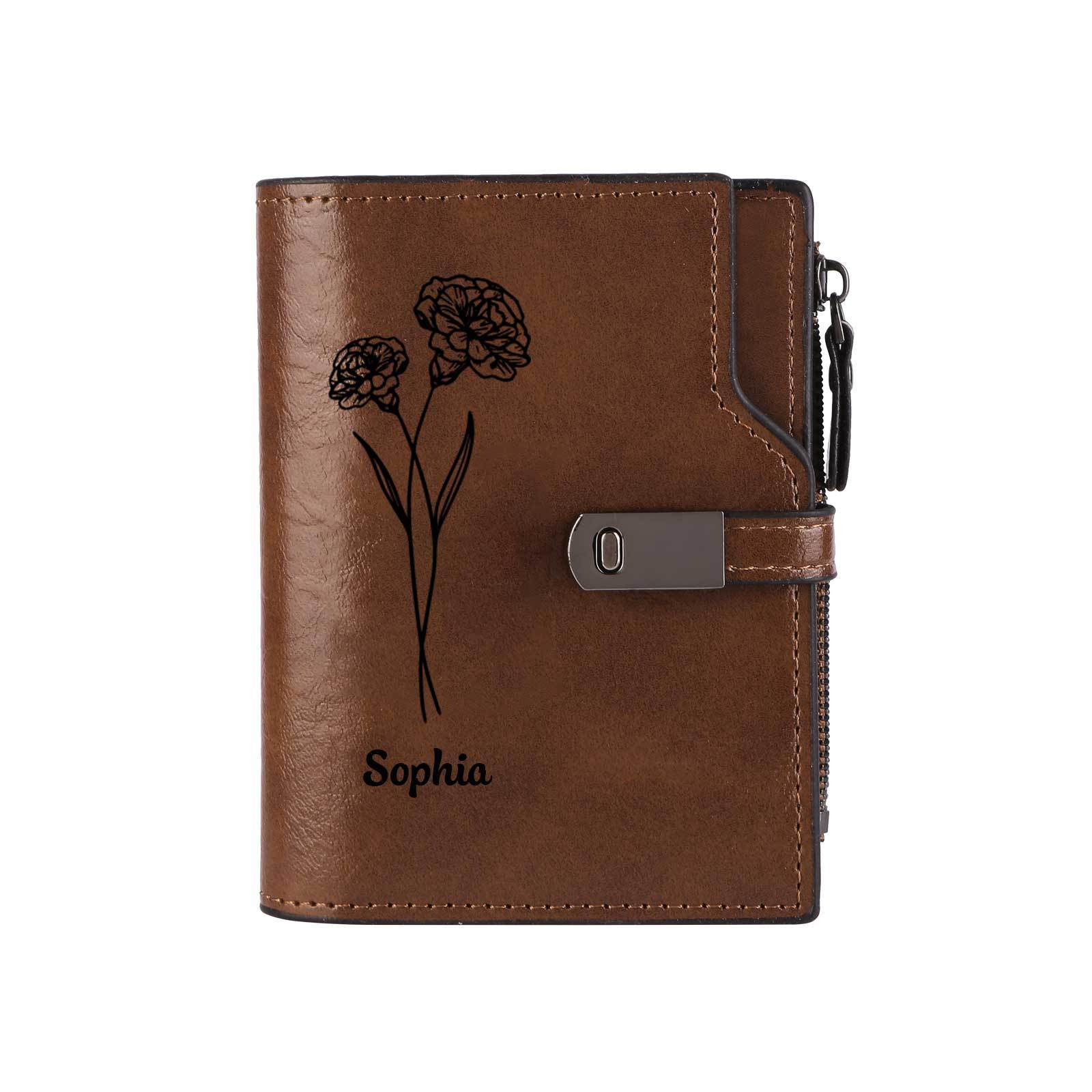 Monogramm-Geldbörse aus PU-Leder mit Name-Blume-Gravur für Damen