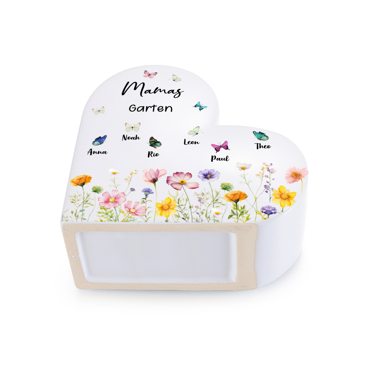 Personalisierte herzförmige Keramikvase mit Blumen- und Schmetterlingsmotiv, personalisiert mit 1–10 Namen