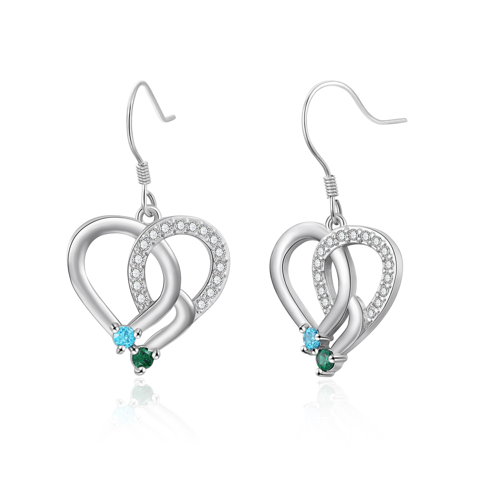 Personalisierte Geburtsstein Ohrringe mit ineinandergreifenden Herzen und 2 Geburtssteinen aus 925er Sterlingsilber