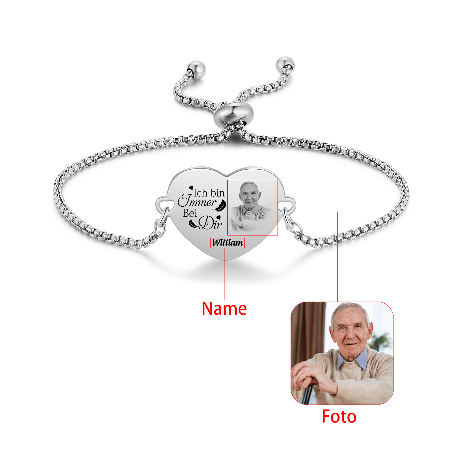 Personalisiertes Foto-Herz-Armband –Ich bin immer bei dir Erinnerungsgeschenk