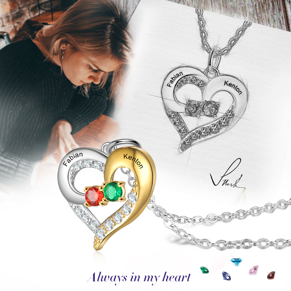 S925 Silber Gravur 2 Namen Herz Halskette mit 2 Geburtssteinen