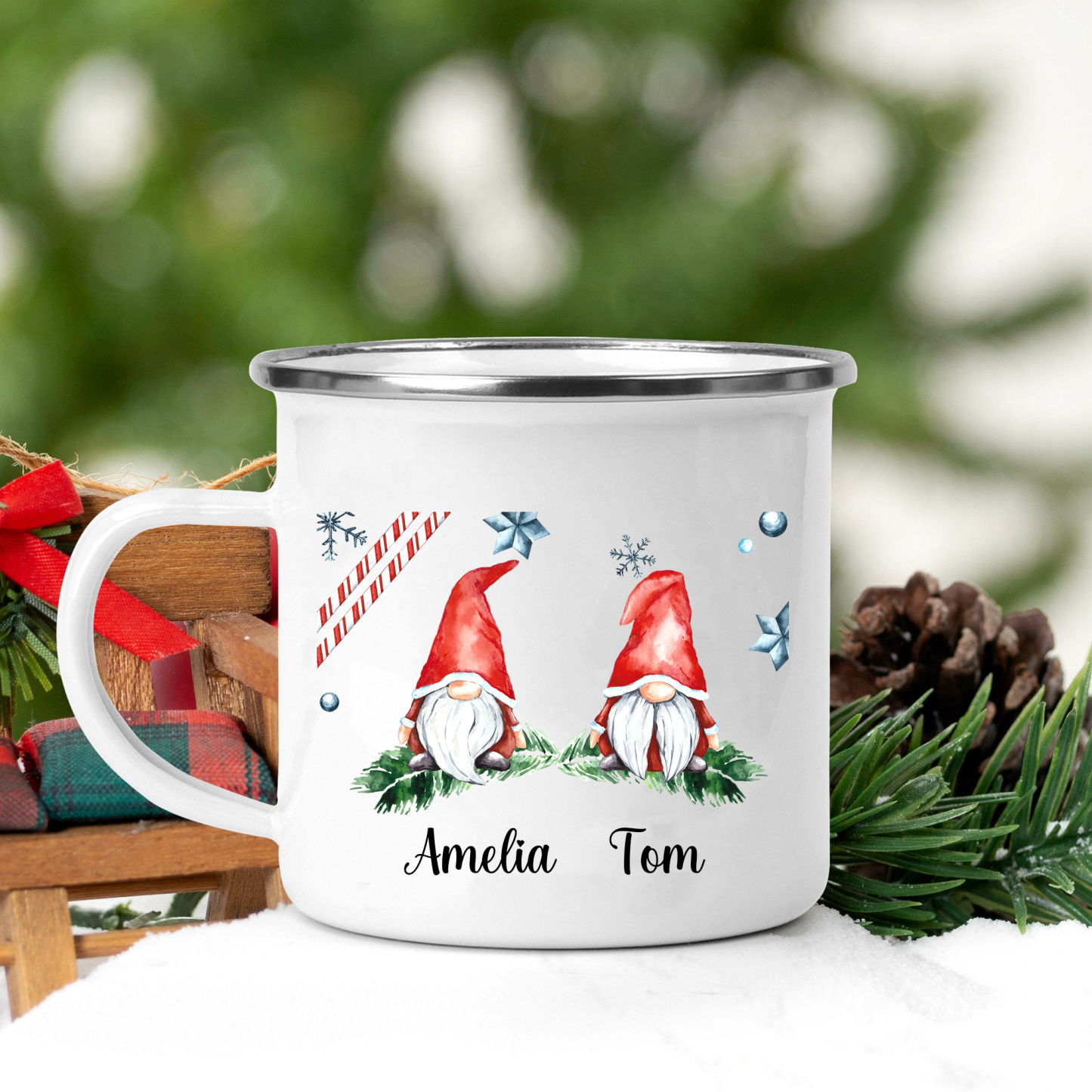 Emaille Tasse-Personalisierte 2 Namen Zwerg Weihnachts-Emaille Becher