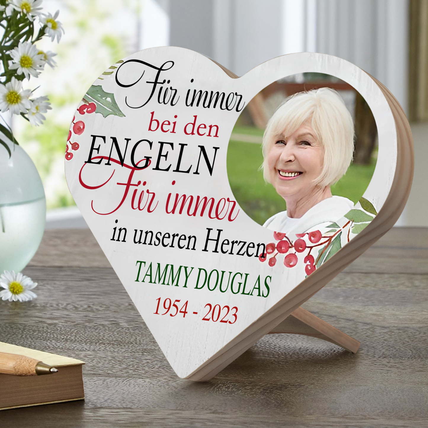 Personalisiertes Foto & Text & Jahr Trauer Herzholz-Deko-Für immer in unseren Herzen-Schreibtischdekoration Holz Ornament
