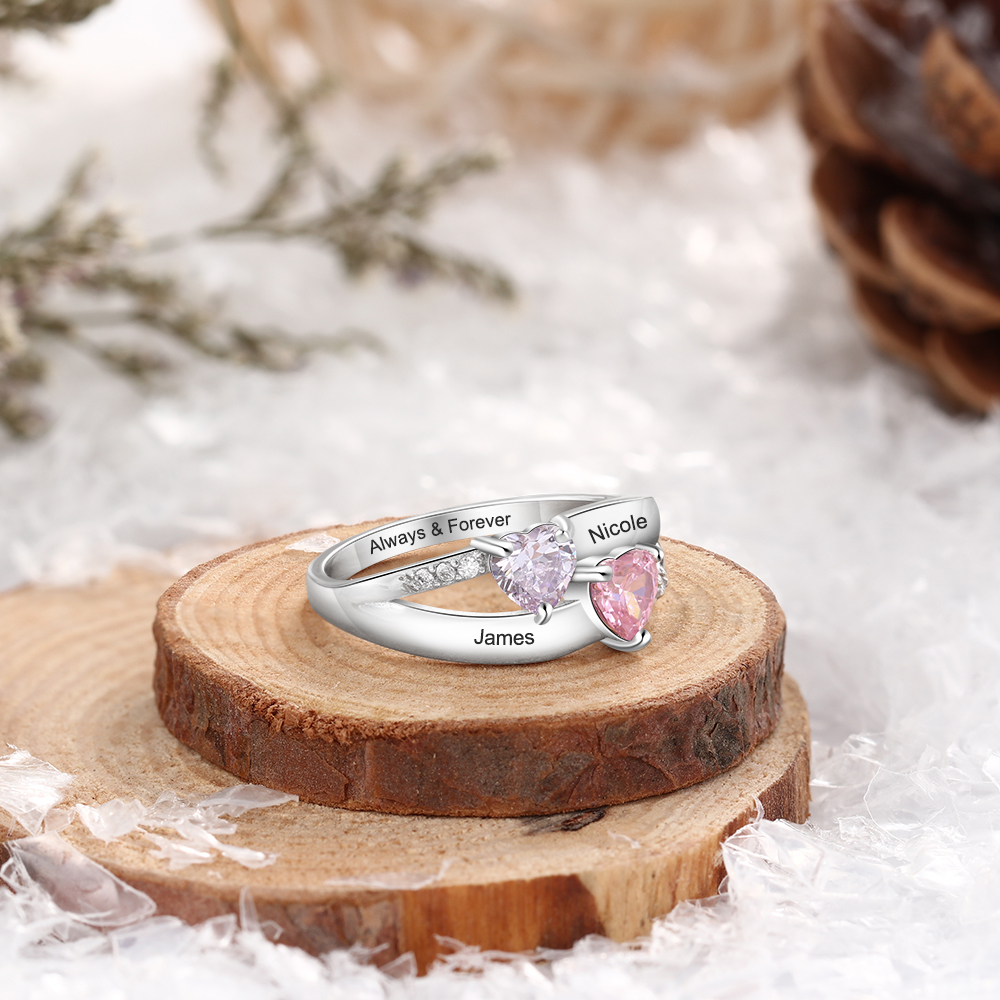 925 Sterling Silber Ring mit 2 Namen und 2 Geburtssteinen mit Gravuren