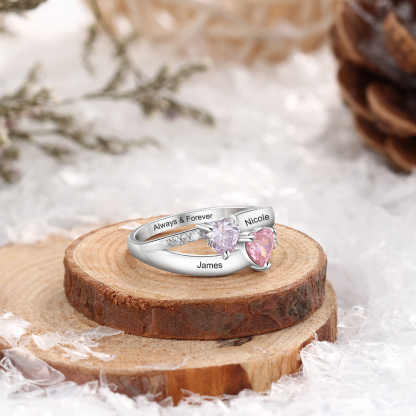 925 Sterling Silber Ring mit 2 Namen und 2 Geburtssteinen mit Gravuren