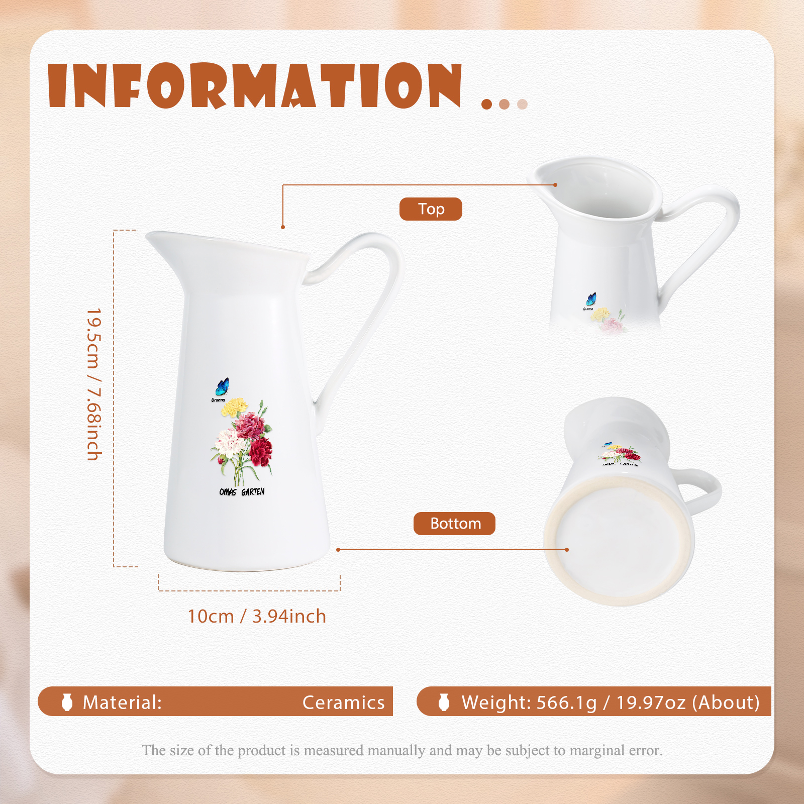 Personalisiertet 1 Name & Text Blumen & Schmetterling Gießvase mit Henkel Familie Vase