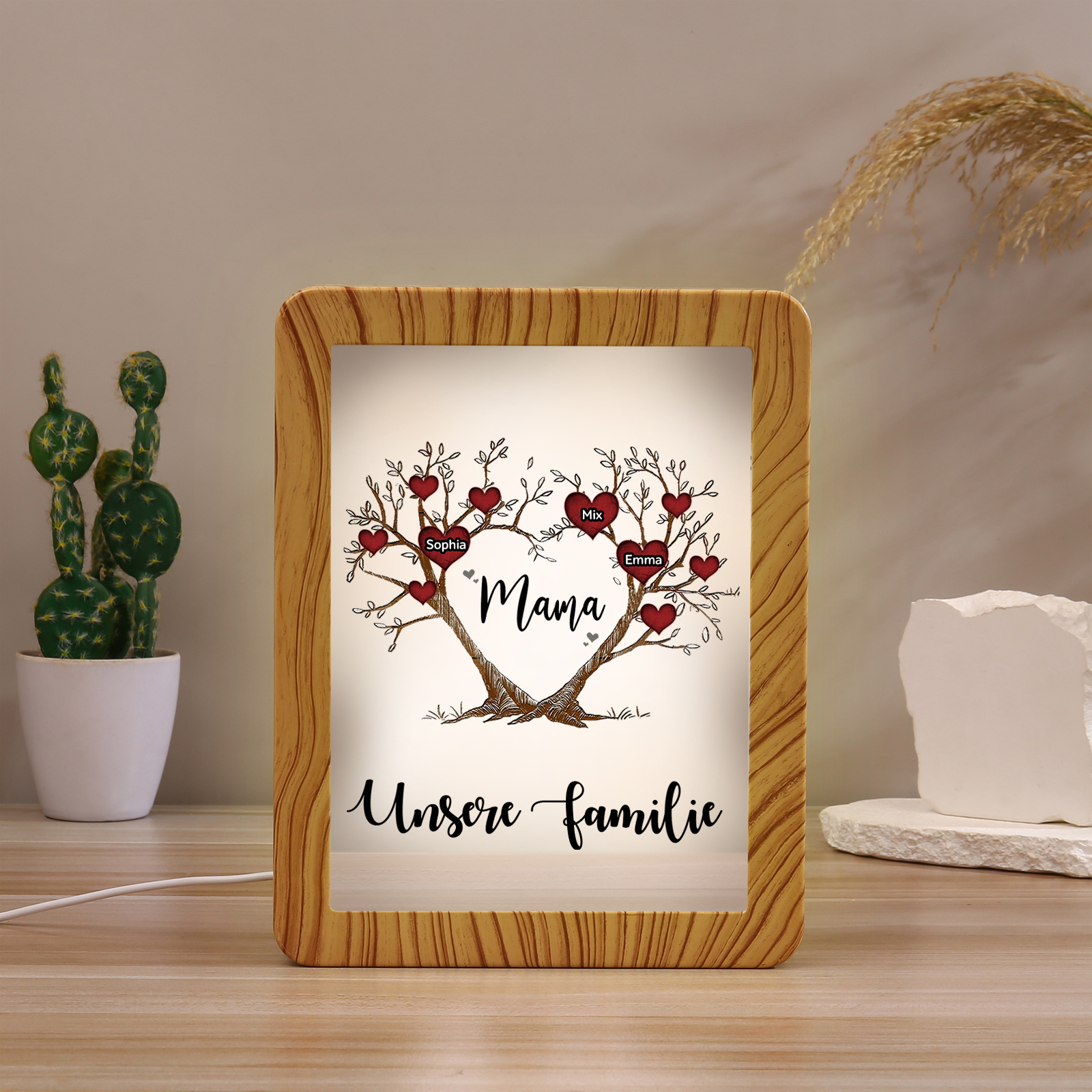 Personalisierte 2 Texte & 3 Namen Familienbaum Familie Spiegelrahmen Nachtlicht LED-Licht