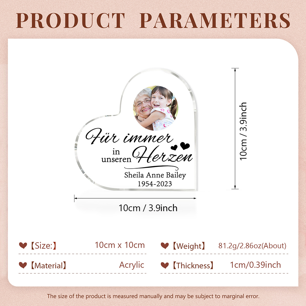 Personalisierter Text & Foto Acryl-Deko-Für immer in unseren Herzen-Trauer Schreibtischdekoration