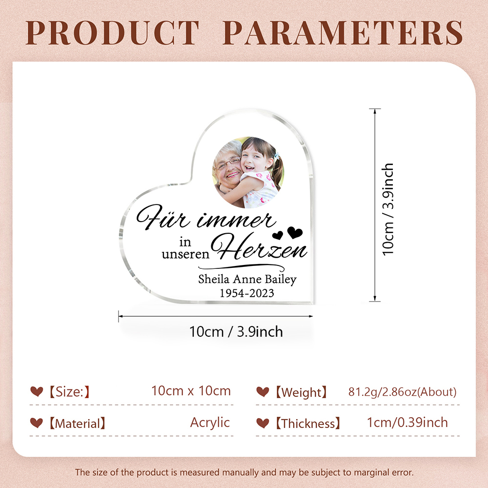 Personalisierter Text & Foto Acryl-Deko-Für immer in unseren Herzen-Trauer Schreibtischdekoration