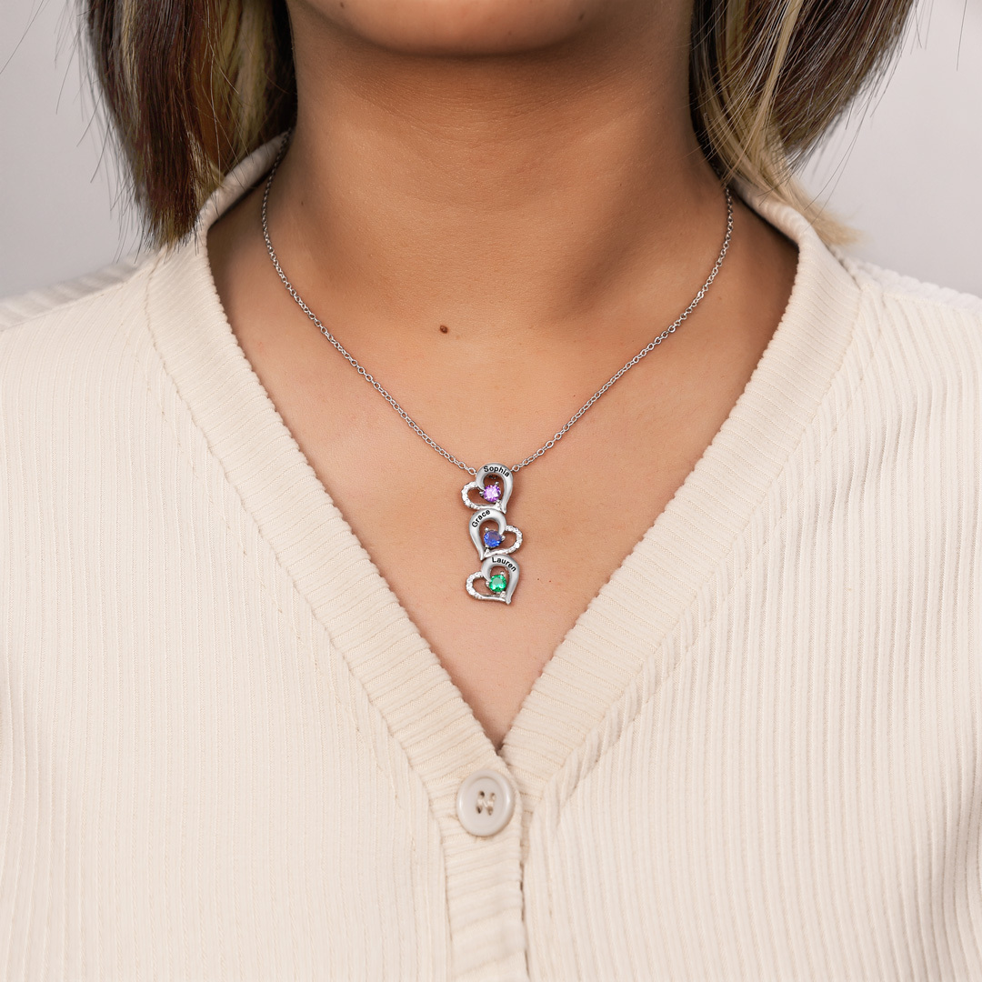 Gravur 3 Namen Liebe Herz Halskette mit 3 Geburtssteinen - Geschenk für Familie