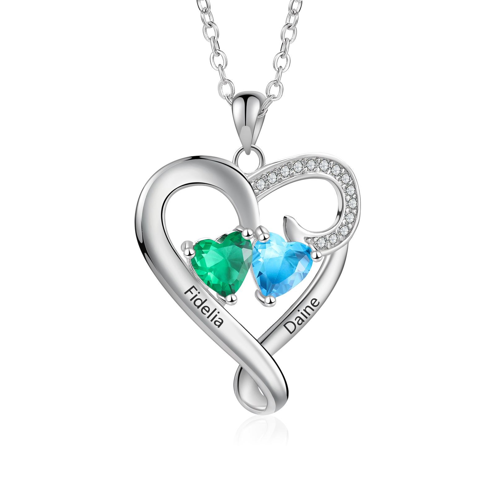 925 Sterling Silber Personalisierte 2 Namen & Geburtssteine Herz Halskette mit Zirkonia