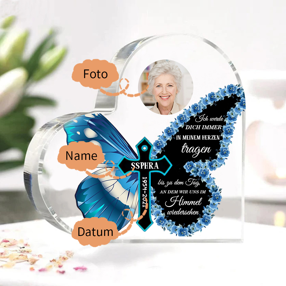 Personalisiertes Foto & Name & Jahr Acryl-Deko-Ich werde dich immer im Herzen tragen-Trauer Schreibtischdekoration