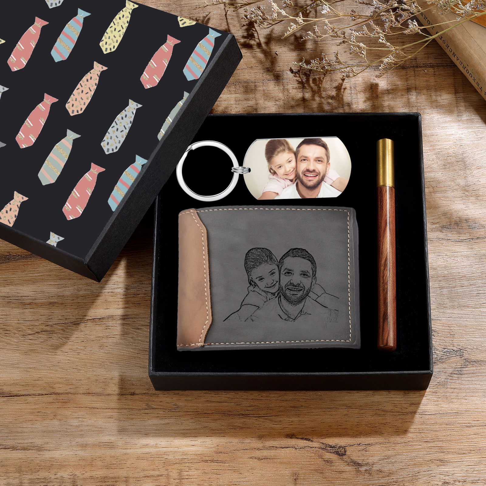 Personalisierte 2 Texte & 2 Fotos & 1 Datum Geldbörse & Schlüsselanhänger & Stift Geschenkpackung Geschenkset