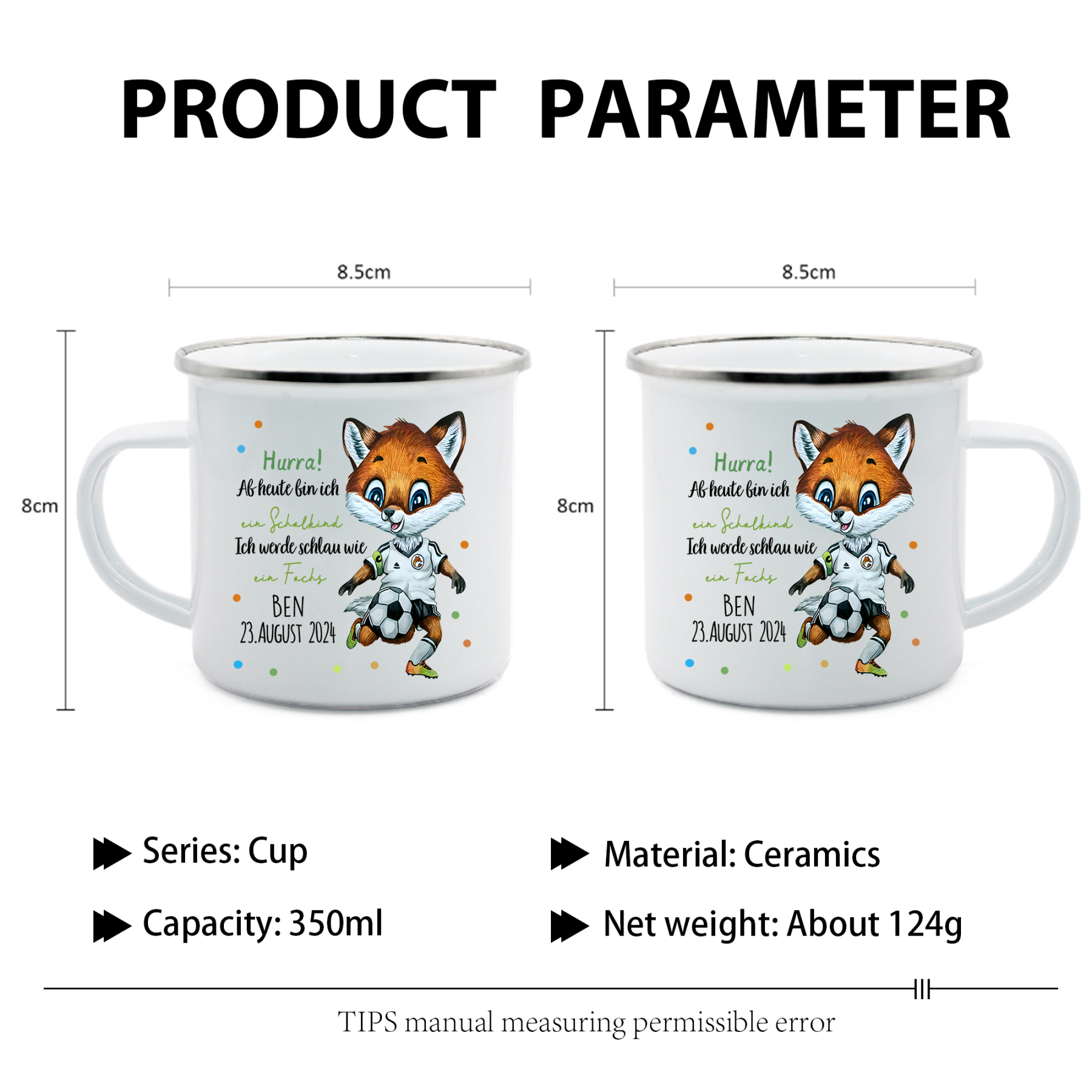 Schulanfang Geschenkset-Personalisierter Name & Datum Emaille Tasse & Personalisierte 2 Texte Stifteetui & Dino Armbänder Set - Geschenk für Schulkind mit Geschenk Box