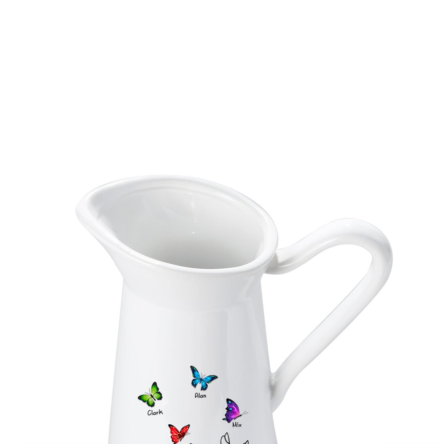 Personalisierte 4 Namen & Text Schmetterling in der Hand Gießvase mit Henkel Familie Vase