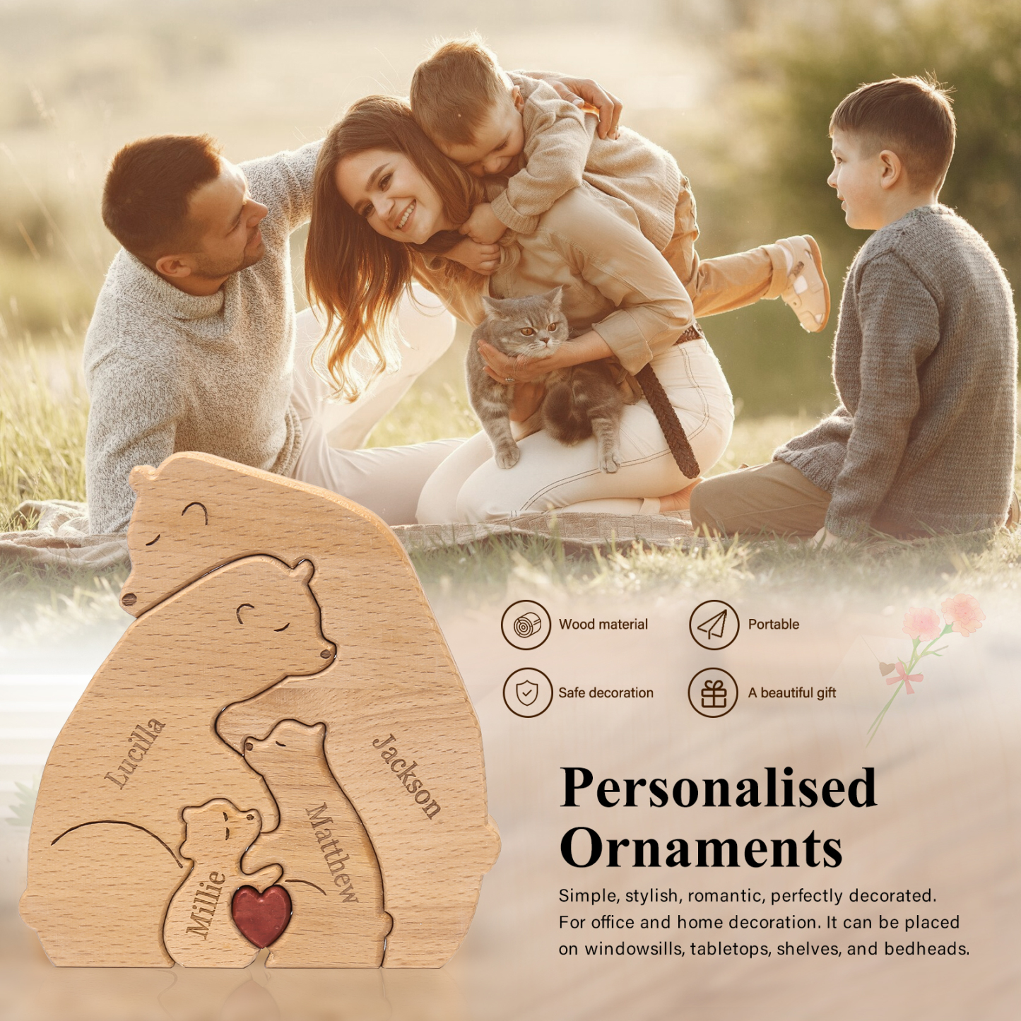 Holzskulptur-Personalisierte 4 Namen Bär Umarmung Familie Holz Deko