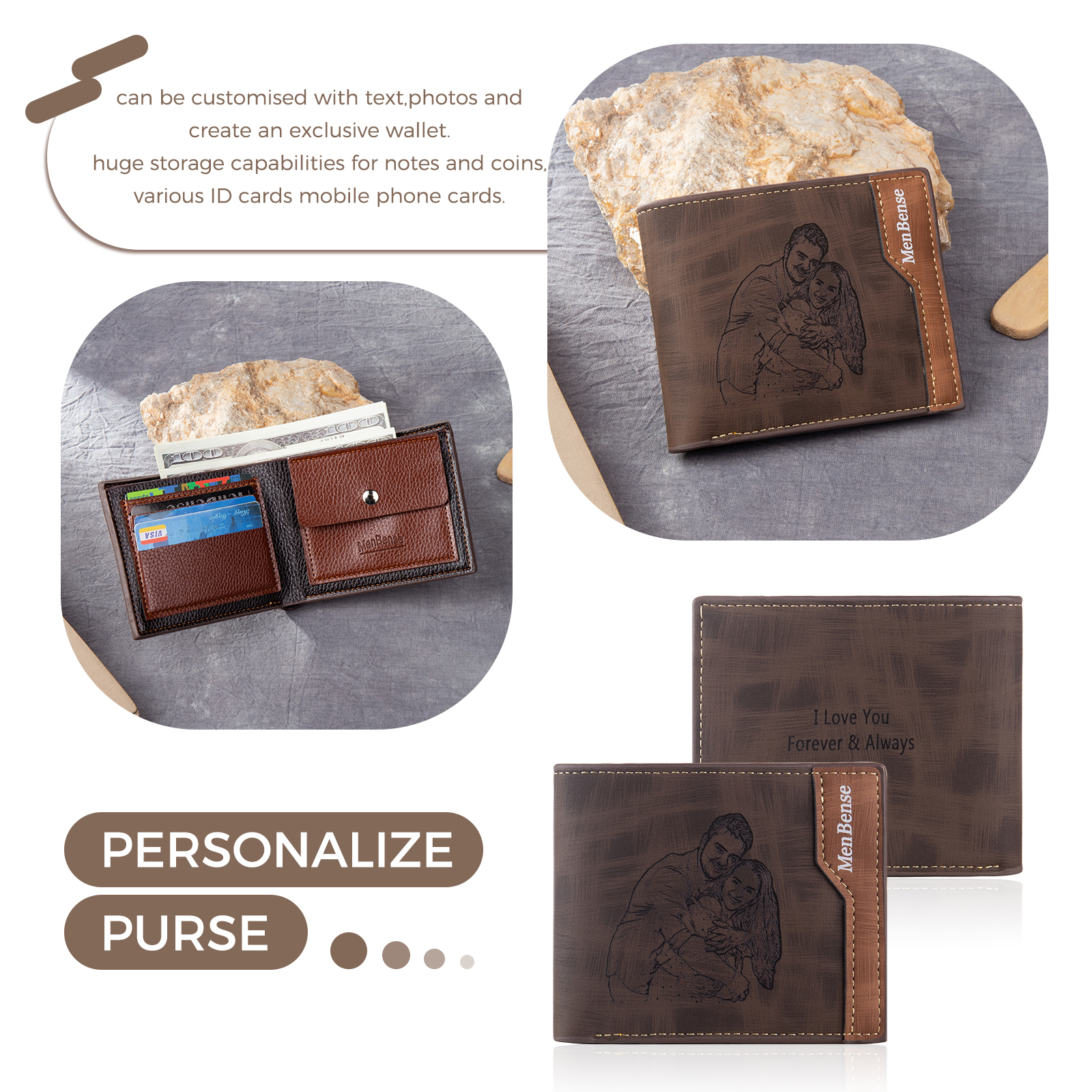 Herren Personalisierte Foto & Text PU Leder kompakte Geldbörse Snap-Geldbörse