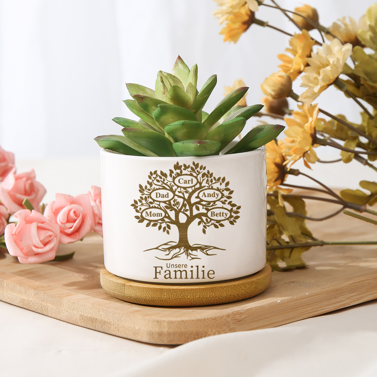 Personalisierbarer Text & 5 Namen Familienbaum Familie Blumentopf