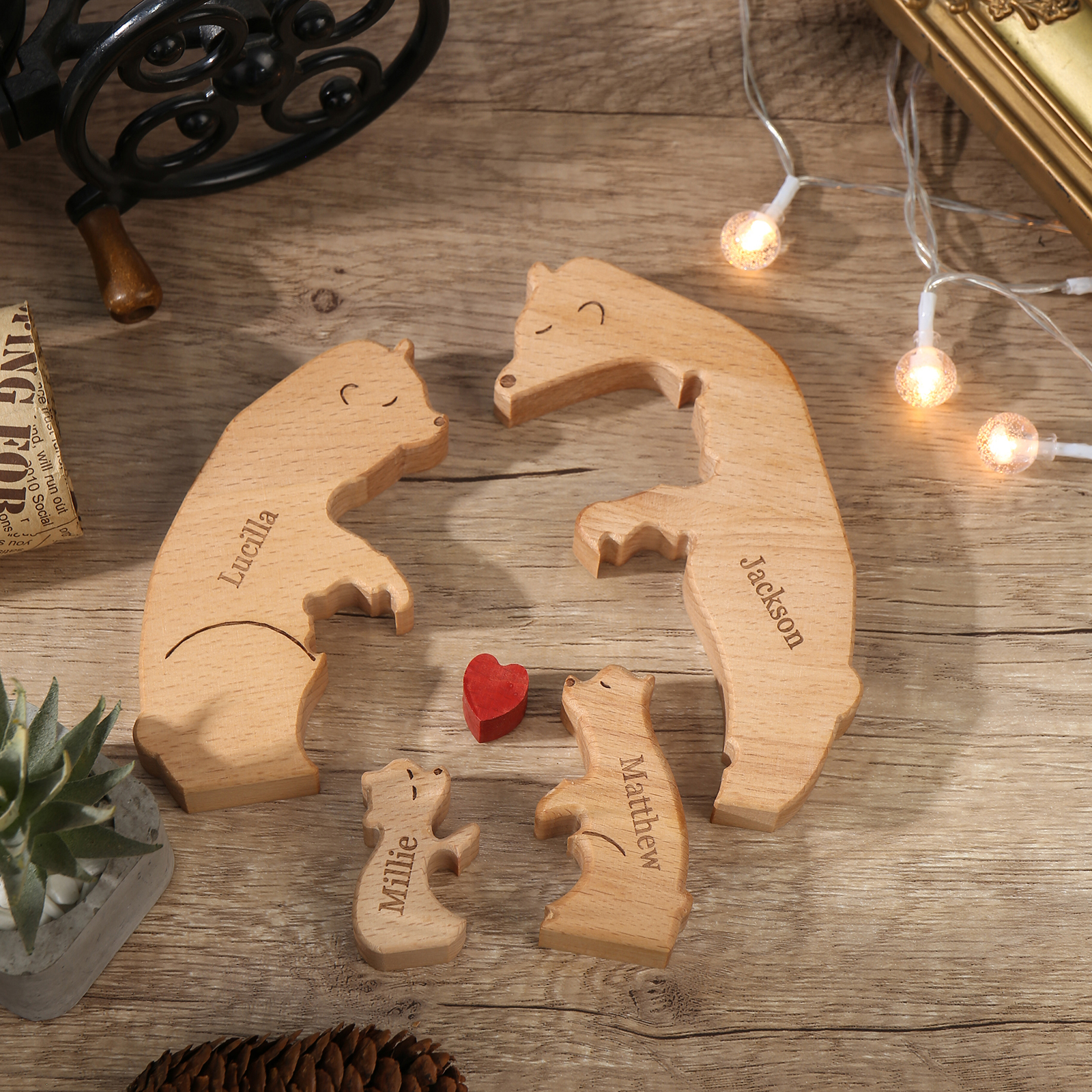 Holzskulptur-Personalisierte 4 Namen Bär Umarmung Familie Holz Deko