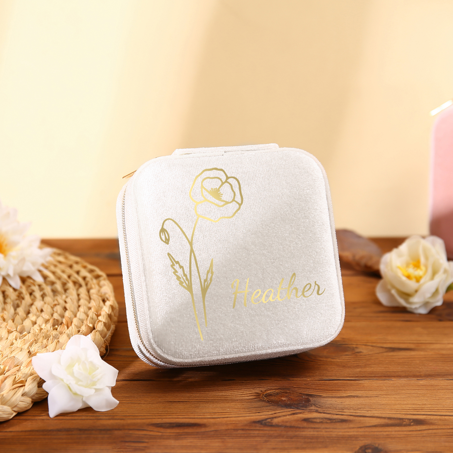 Personalisierbarer Name & Geburtsblume klein Velvet Schmuckaufbewahrung Schmuckzubehör Aufbewahrungsbox für Schmuck