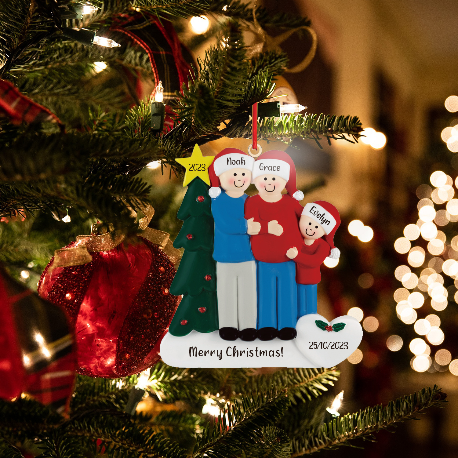 Holz Personalisierte 3 Namen & Text & Jahr & Datum Weihnachtsbaum Weihnachtsornament mit 3 Familienmitgliedern