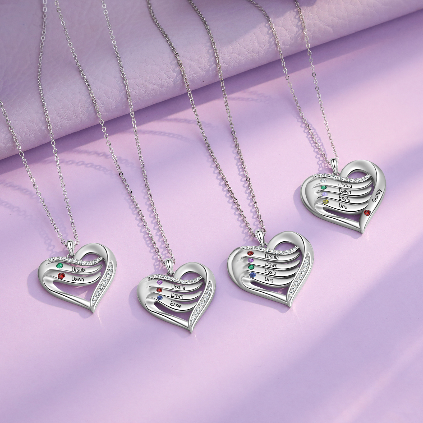 925 Sterling Silber Personalisierte 3 Namen & 3 Geburtssteine Herz Halskette mit Zirkonia