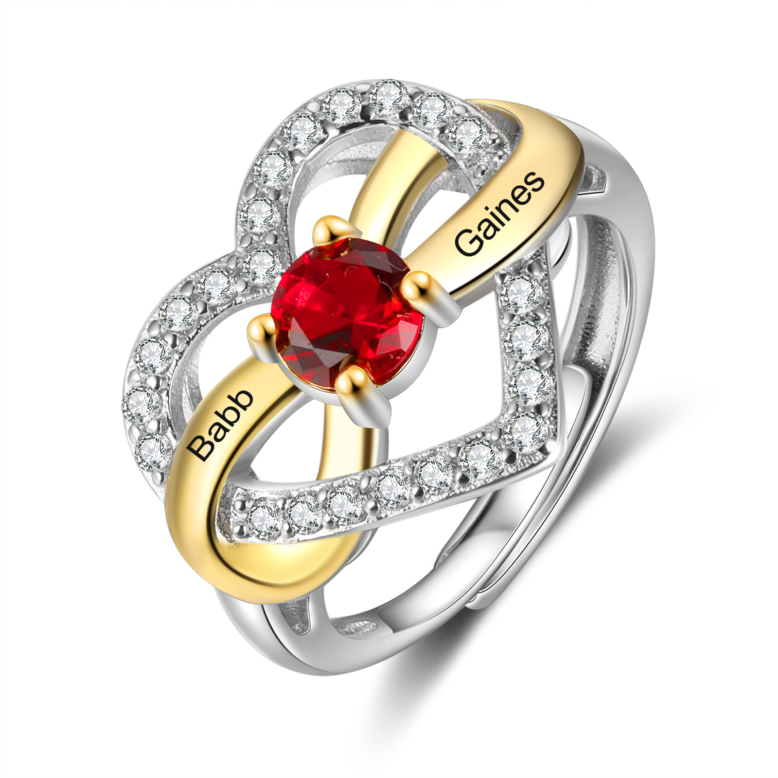 Personalisierte 2 Namen & Geburtsstein Infinity Herz Offener Ring mit Zirkonia
