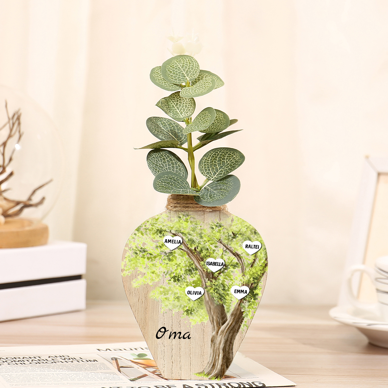 Holz Personalisierter 5 Namen & Text Grün Familienbaum Famile Vase