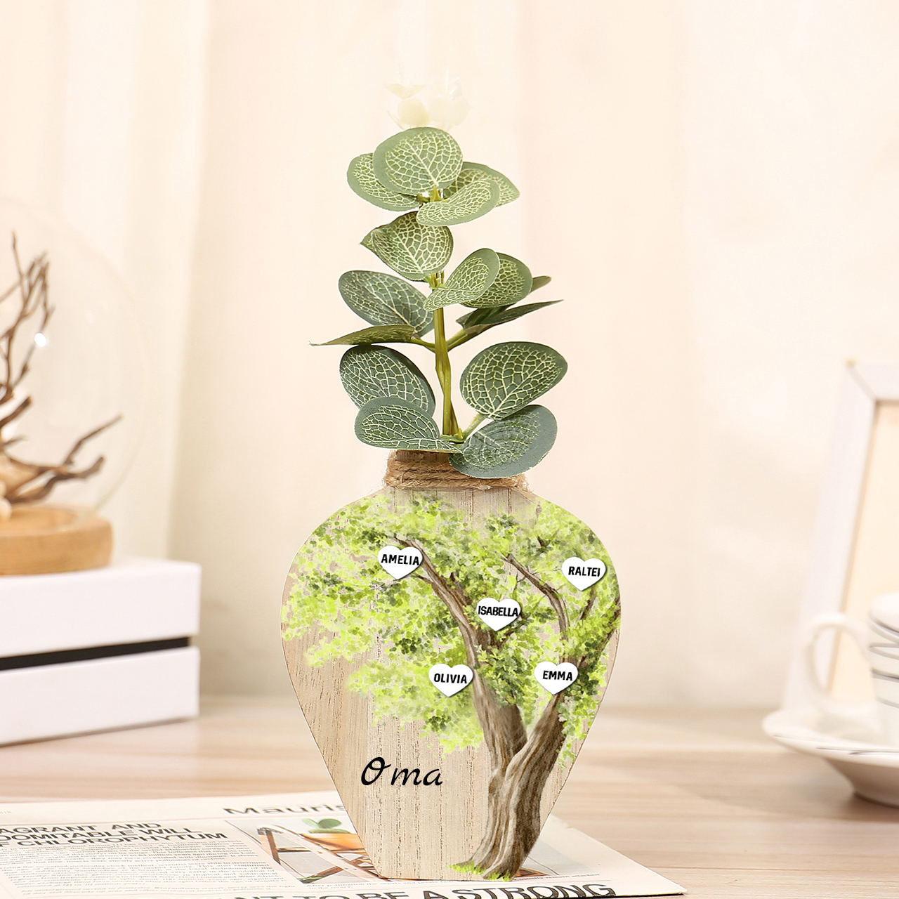 Holz Personalisierter 5 Namen & Text Grün Familienbaum Famile Vase