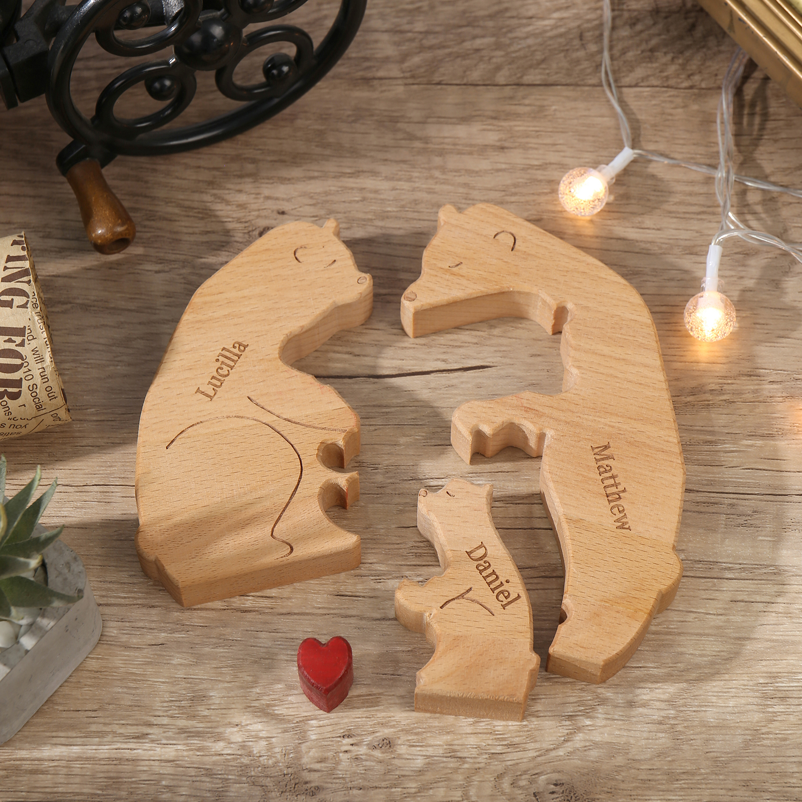 Holzskulptur-Personalisierte 3 Namen Bär Umarmung Familie Holz Deko