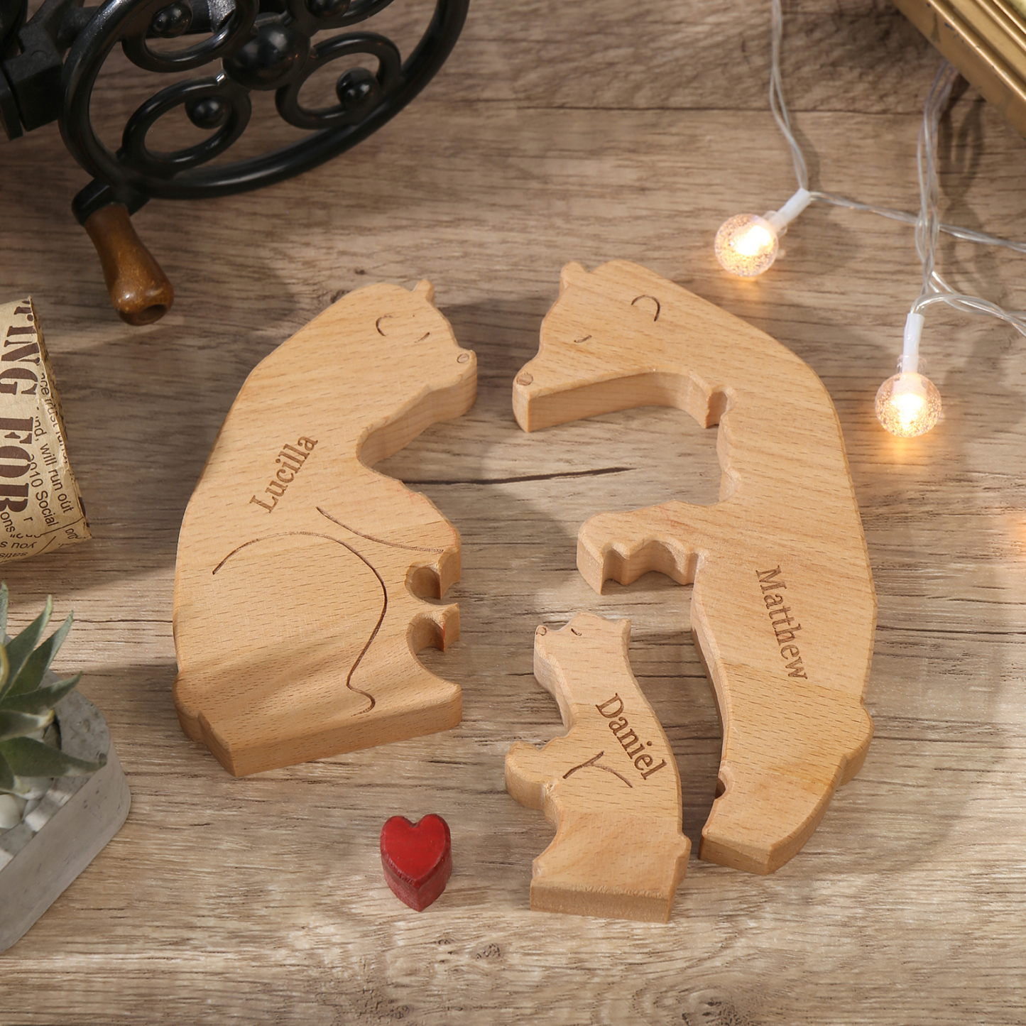 Holzskulptur-Personalisierte 3 Namen Bär Umarmung Familie Holz Deko
